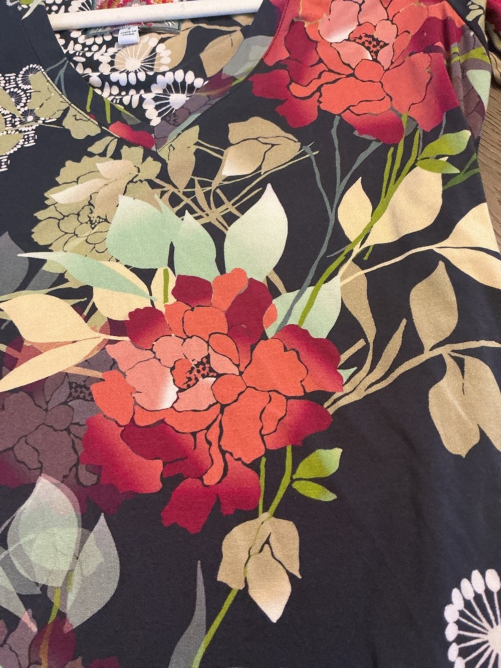 Johnny Was Black Floral V-Neck Top with Pink and Green Accents - Picture 4 of 5